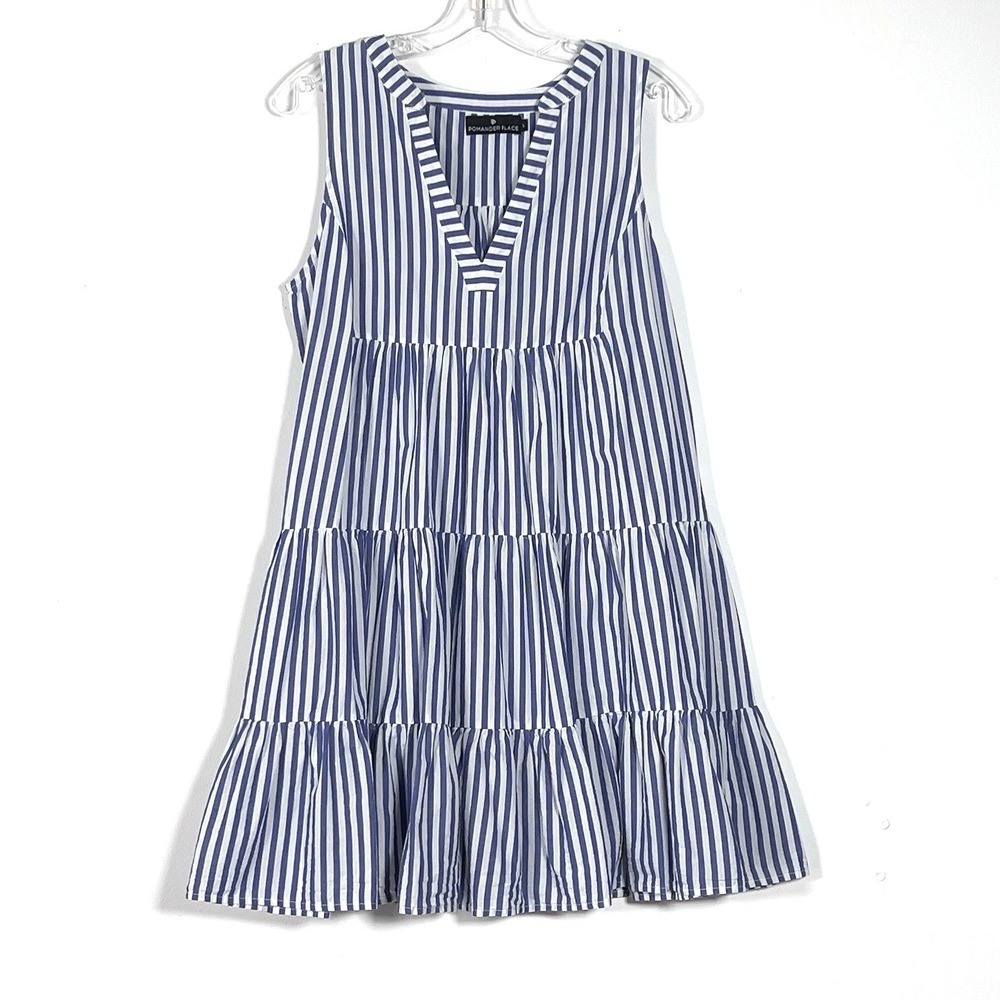 Pomander Place Kenzo Tiered Mini Dress Womens Sz XL Blue Striped Sleeveless - Picture 3 of 10